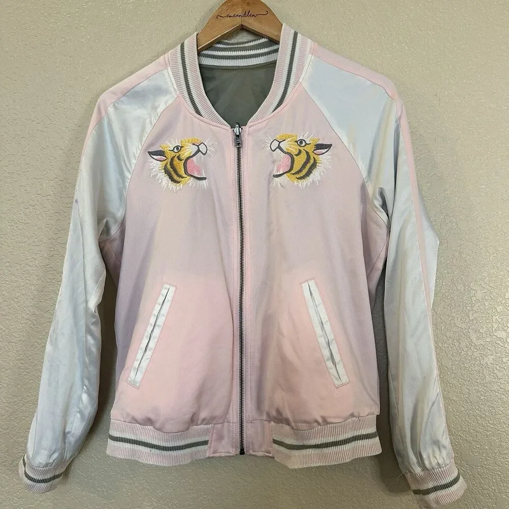 Hollister Bomber Jacket Womens Medium Pink Embroidered Tiger Reversible Zip Up - Picture 10 of 14